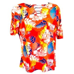 New York Laundry XL Stretch Knit top cut out sleeves silver bar details